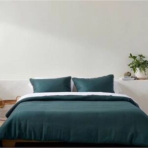 Casaluna Heavyweight Linen Blend Comforter & Sham Set, Dark Teal Blue, Queen